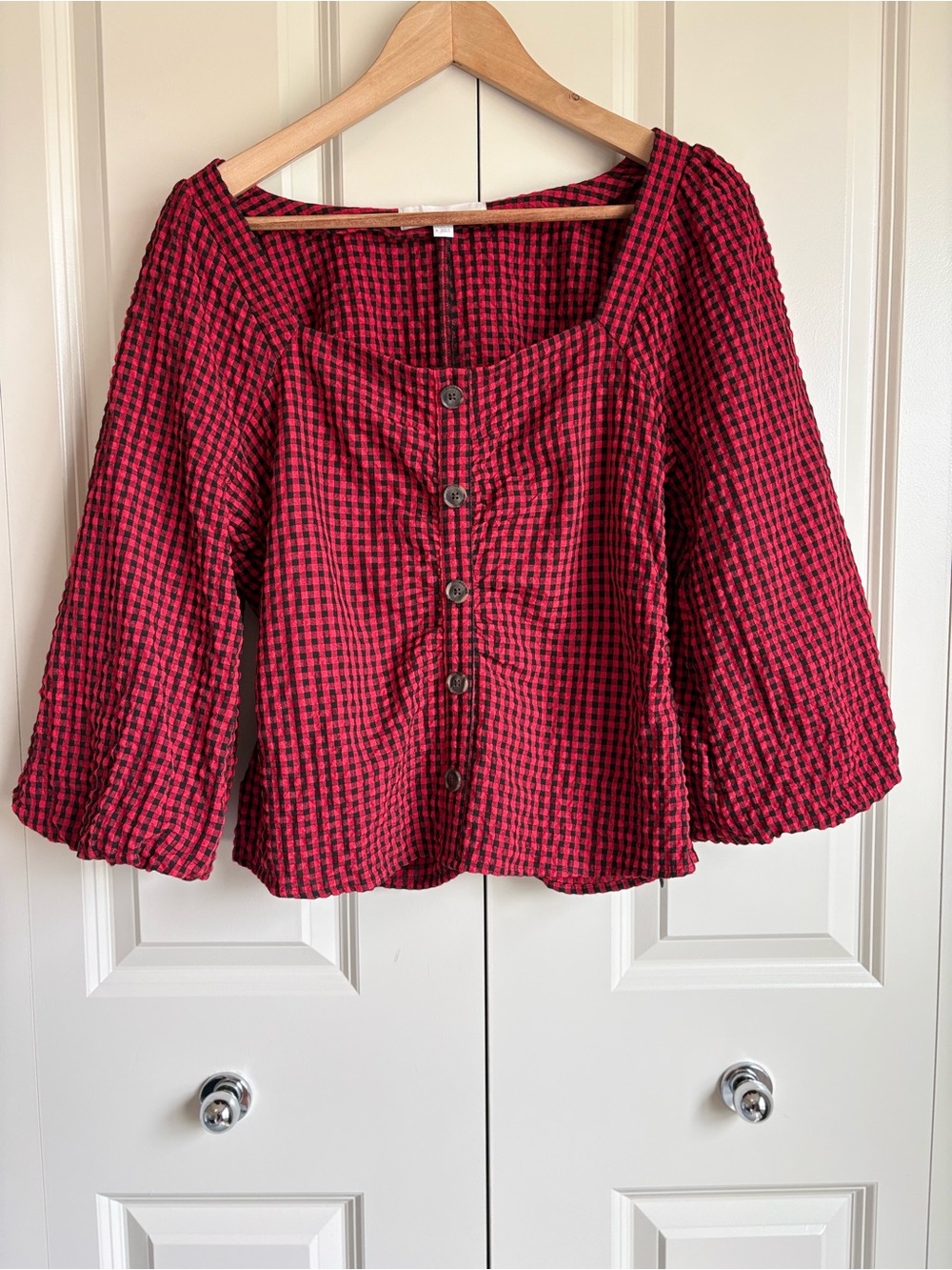LOFT Gingham Gathered Square Neck Top Red Black Puff Sleeve Blouse Size 8 Picnic - Picture 14 of 14